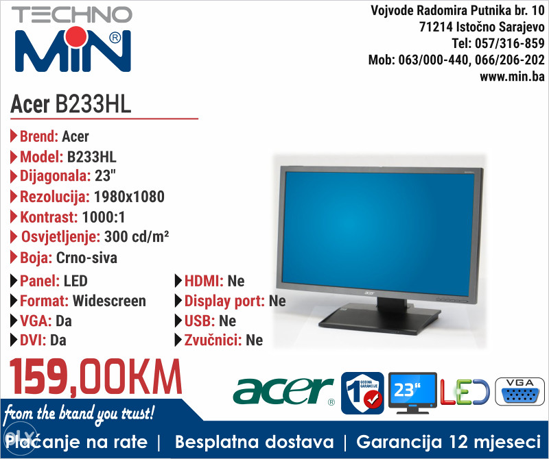 ACER B233HL, 23" FHD, 1920x1080, VGA, DVI, LCD